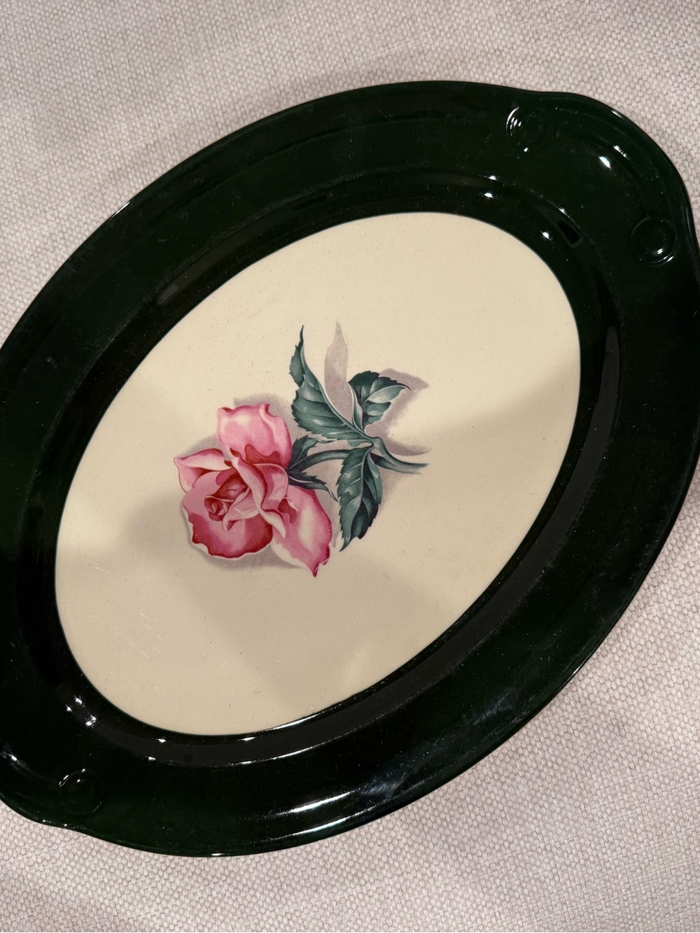 Vintage Taylor Smith Taylor Ceramic Oval Serving Platter Pink Rose Green Rim